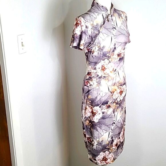 Oxiuly Fashion Gray Dress, White w/Pink Flowers, Zipper Neck to Side, Size Small - Picture 3 of 11